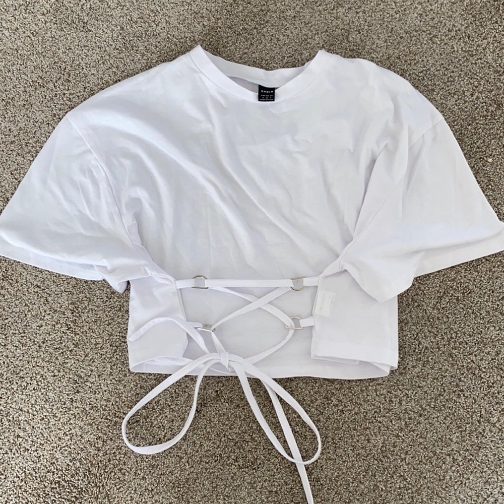 SHEIN white tie front t shirt. small. NEVER WORN